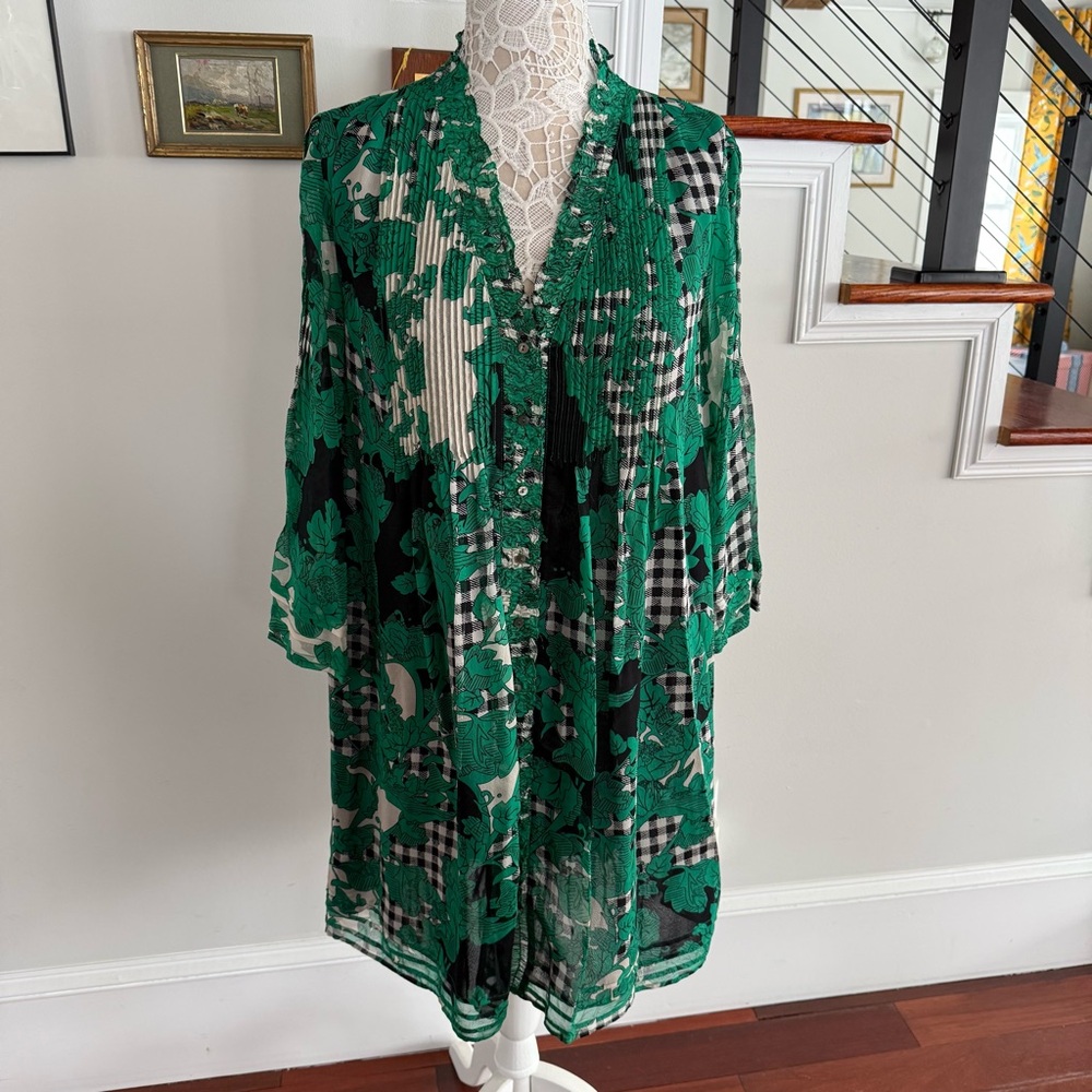 Diane Von Furstenberg Green Black White Floral & Gingham Midi Dress